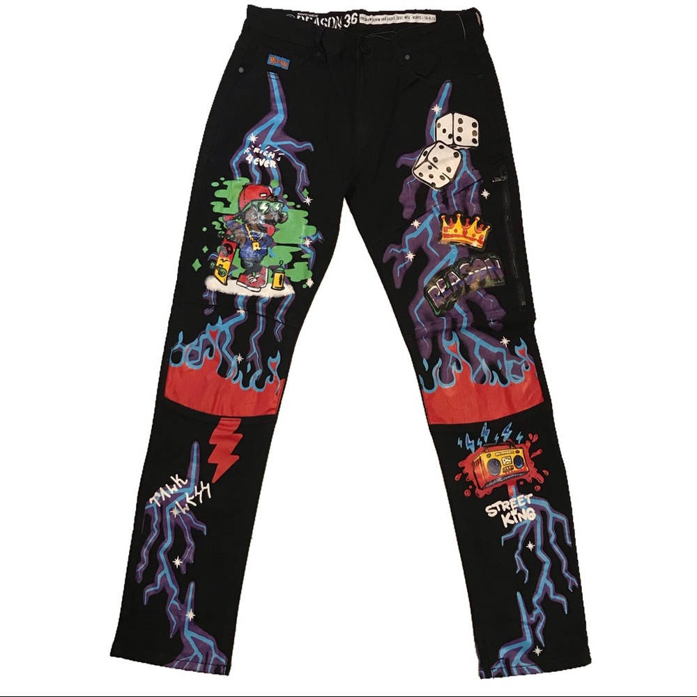 Men’s “Airbrush Graffiti” jeans. Sizes 32, 34, and 36.